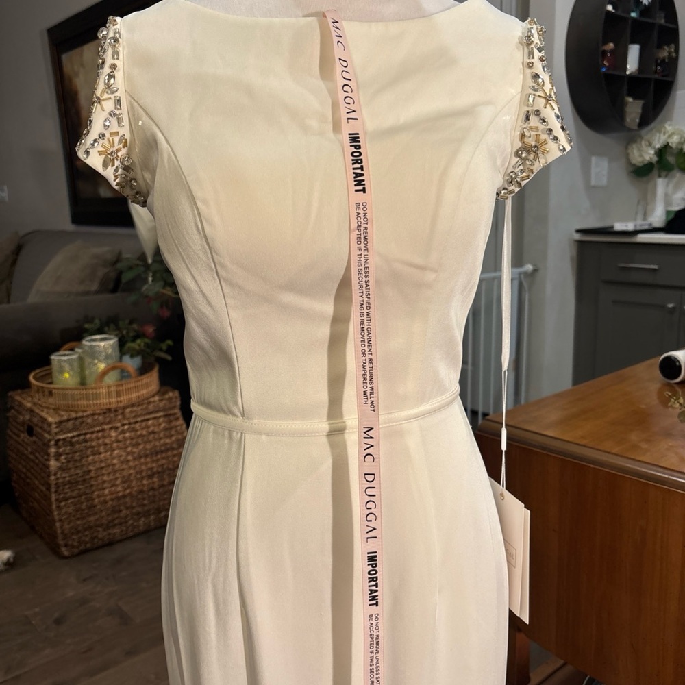 Mac Duggal Cream Sheath Dress with Beaded Cap Sleeves